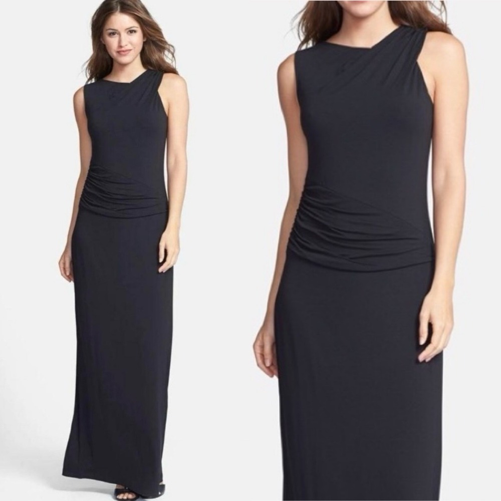 Tommy‎ Bahama NWT Black Tambour Sleeveless Shirred Long Maxi Cocktail Dress sz L